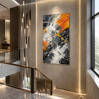 Abstract Expressionist abstract oil painting showing black, white and orange expressive brushwork in a black palette, contemporary wall art.