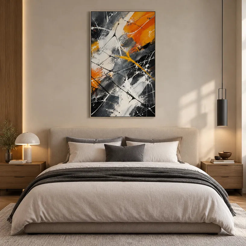 Abstract Expressionist abstract oil painting showing black, white and orange expressive brushwork in a black palette, contemporary wall art.