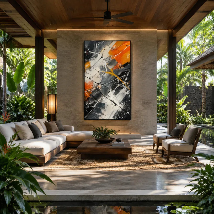 Abstract Expressionist abstract oil painting showing black, white and orange expressive brushwork in a black palette, contemporary wall art.