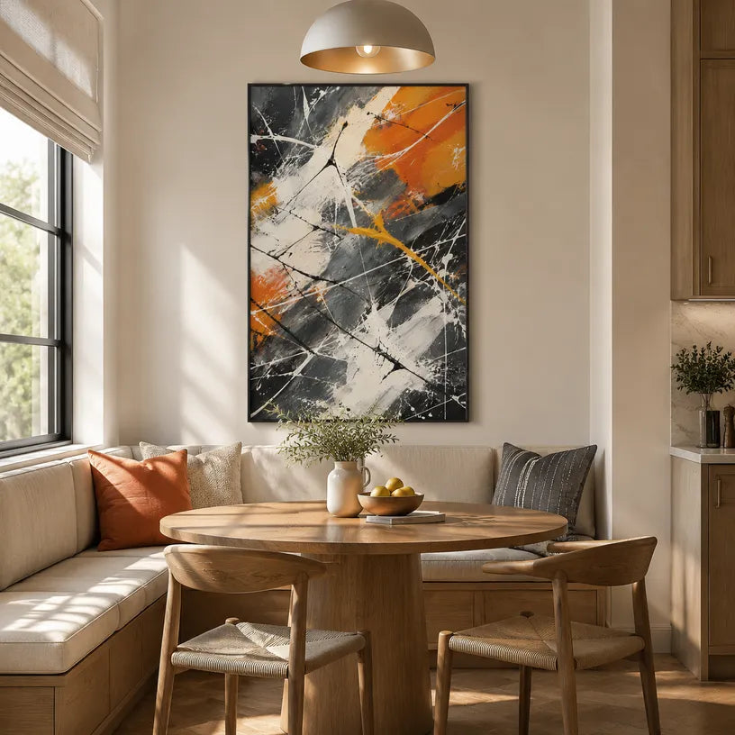 Abstract Expressionist abstract oil painting showing black, white and orange expressive brushwork in a black palette, contemporary wall art.