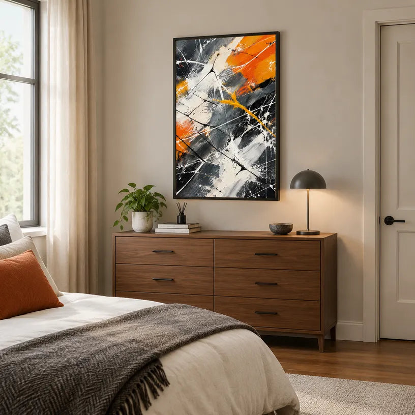 Abstract Expressionist abstract oil painting showing black, white and orange expressive brushwork in a black palette, contemporary wall art.