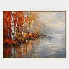 Abstract Expressionist landscapes & seascapes & cityscapes oil painting showing an autumn lakeside with warm trees and reflections in a orange palette, contemporary wall art.