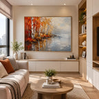Abstract Expressionist landscapes & seascapes & cityscapes oil painting showing an autumn lakeside with warm trees and reflections in a orange palette, contemporary wall art.