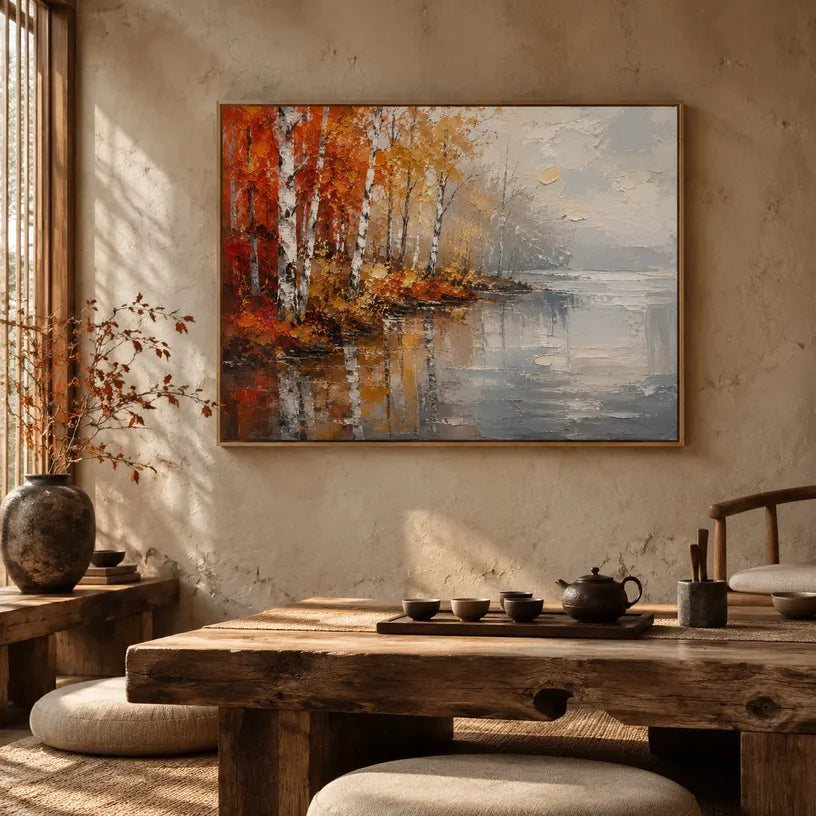 Abstract Expressionist landscapes & seascapes & cityscapes oil painting showing an autumn lakeside with warm trees and reflections in a orange palette, contemporary wall art.