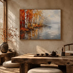 Abstract Expressionist landscapes & seascapes & cityscapes oil painting showing an autumn lakeside with warm trees and reflections in a orange palette, contemporary wall art.