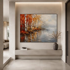 Abstract Expressionist landscapes & seascapes & cityscapes oil painting showing an autumn lakeside with warm trees and reflections in a orange palette, contemporary wall art.