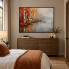 Abstract Expressionist landscapes & seascapes & cityscapes oil painting showing an autumn lakeside with warm trees and reflections in a orange palette, contemporary wall art.