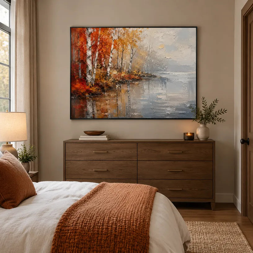 Abstract Expressionist landscapes & seascapes & cityscapes oil painting showing an autumn lakeside with warm trees and reflections in a orange palette, contemporary wall art.