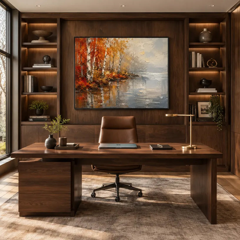 Abstract Expressionist landscapes & seascapes & cityscapes oil painting showing an autumn lakeside with warm trees and reflections in a orange palette, contemporary wall art.