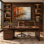 Abstract Expressionist landscapes & seascapes & cityscapes oil painting showing an autumn lakeside with warm trees and reflections in a orange palette, contemporary wall art.