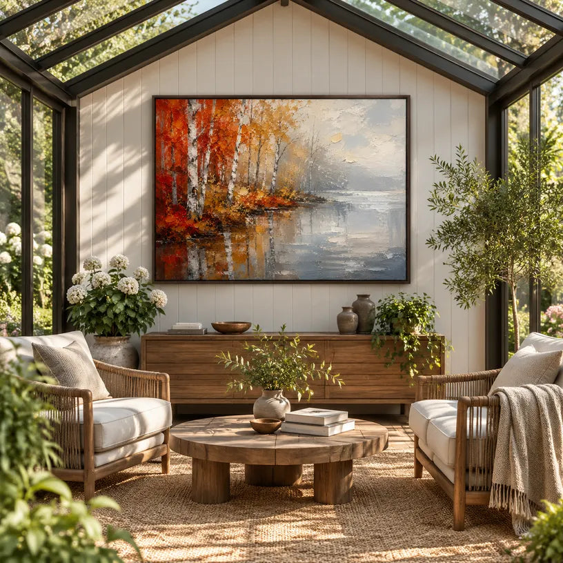 Abstract Expressionist landscapes & seascapes & cityscapes oil painting showing an autumn lakeside with warm trees and reflections in a orange palette, contemporary wall art.