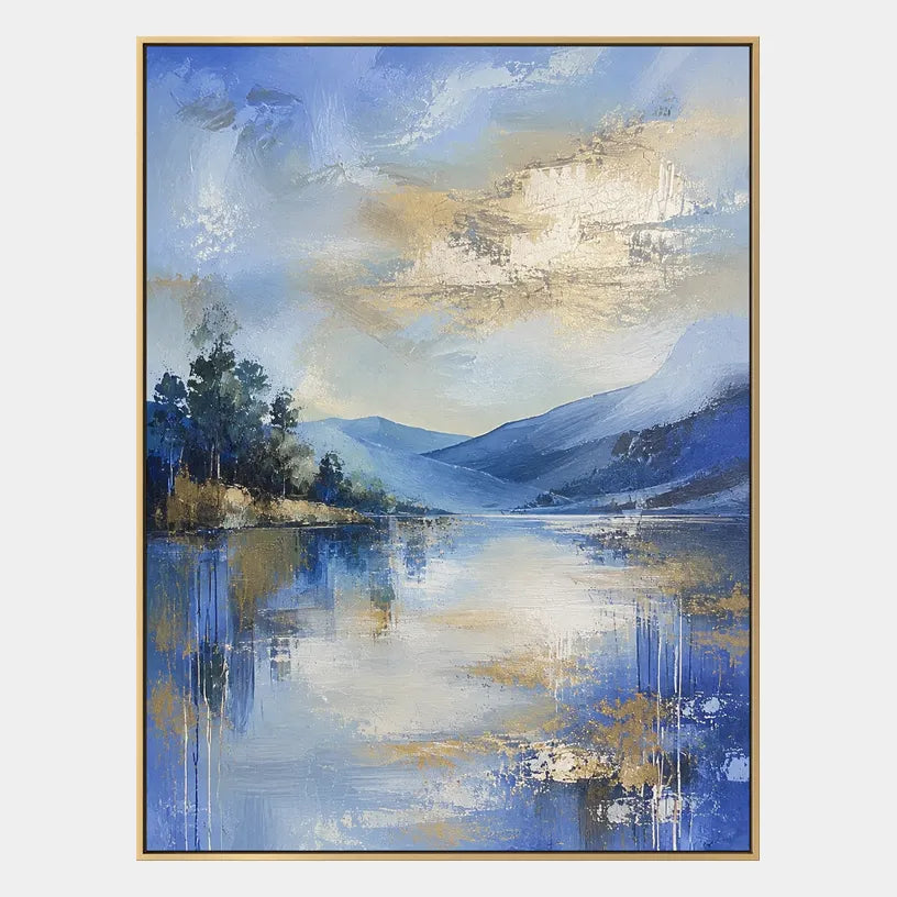 Abstract Expressionist landscapes & seascapes & cityscapes oil painting showing a blue mountain lake with evergreen shoreline in a blue palette, contemporary wall art.