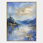 Abstract Expressionist landscapes & seascapes & cityscapes oil painting showing a blue mountain lake with evergreen shoreline in a blue palette, contemporary wall art.