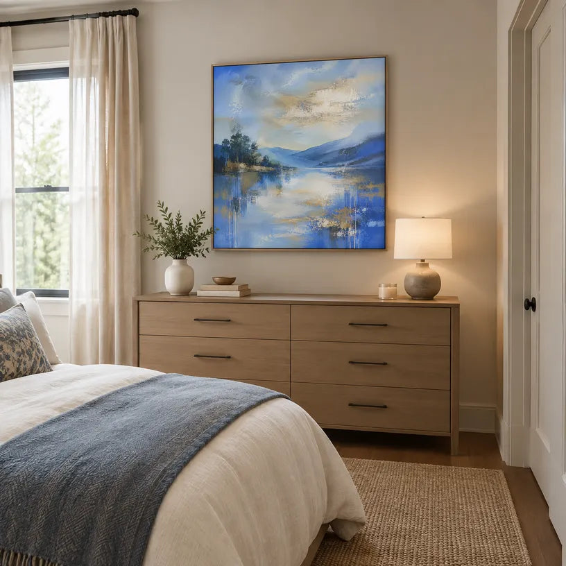 Abstract Expressionist landscapes & seascapes & cityscapes oil painting showing a blue mountain lake with evergreen shoreline in a blue palette, contemporary wall art.