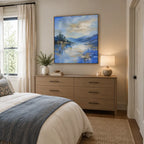 Abstract Expressionist landscapes & seascapes & cityscapes oil painting showing a blue mountain lake with evergreen shoreline in a blue palette, contemporary wall art.