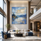 Abstract Expressionist landscapes & seascapes & cityscapes oil painting showing a blue mountain lake with evergreen shoreline in a blue palette, contemporary wall art.