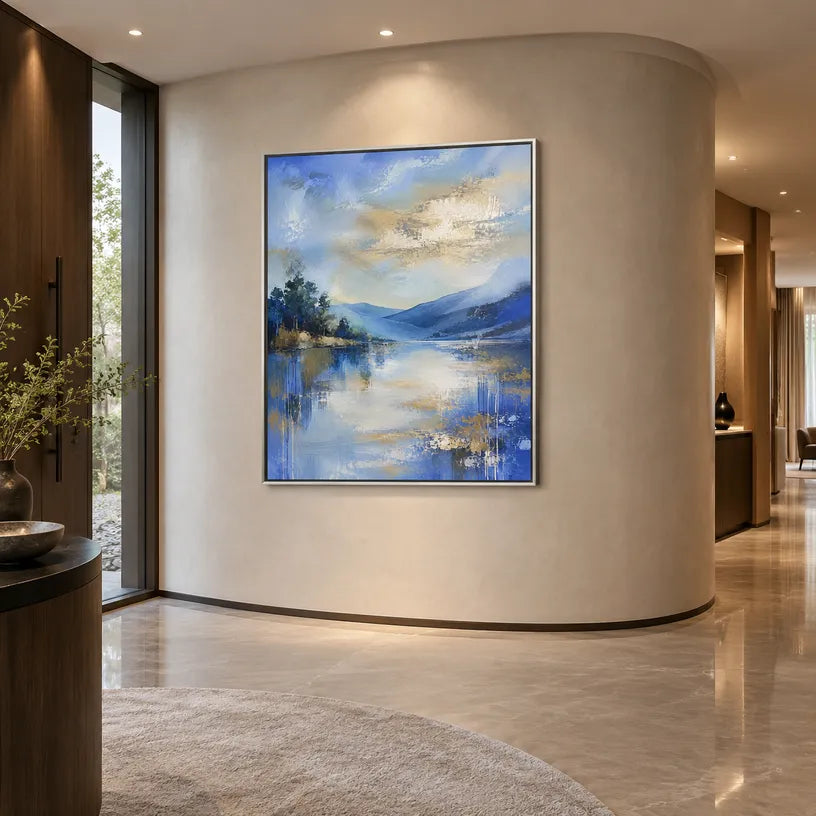 Abstract Expressionist landscapes & seascapes & cityscapes oil painting showing a blue mountain lake with evergreen shoreline in a blue palette, contemporary wall art.