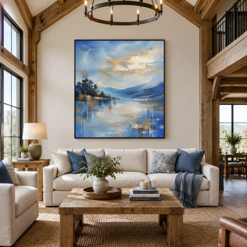Abstract Expressionist landscapes & seascapes & cityscapes oil painting showing a blue mountain lake with evergreen shoreline in a blue palette, contemporary wall art.
