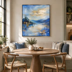 Abstract Expressionist landscapes & seascapes & cityscapes oil painting showing a blue mountain lake with evergreen shoreline in a blue palette, contemporary wall art.