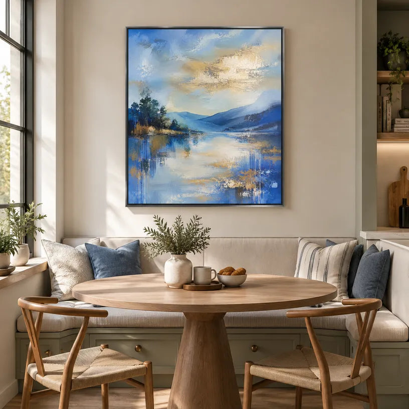 Abstract Expressionist landscapes & seascapes & cityscapes oil painting showing a blue mountain lake with evergreen shoreline in a blue palette, contemporary wall art.