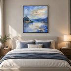 Abstract Expressionist landscapes & seascapes & cityscapes oil painting showing a blue mountain lake with evergreen shoreline in a blue palette, contemporary wall art.