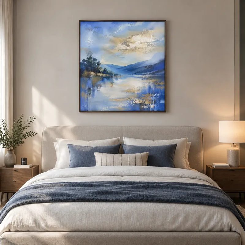 Dipinto a olio con paesaggi, paesaggi marini e paesaggi urbani dell'Espressionismo astratto, caratterizzato da un paesaggio atmosferico, da un paesaggio marino o da una composizione ispirata alla città in una tavolozza blu.