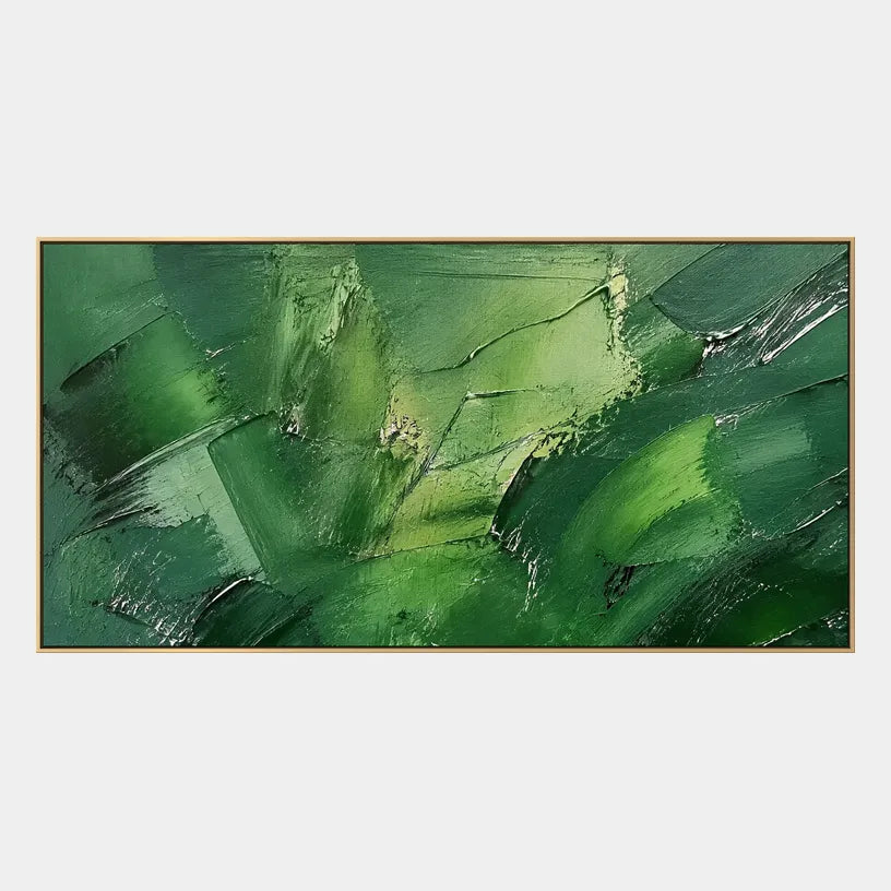 Abstract Expressionist abstract oil painting showing layered abstract marks, texture and expressive painterly movement in a green palette.