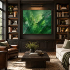 Abstract Expressionist abstract oil painting showing layered abstract marks, texture and expressive painterly movement in a green palette.