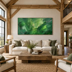 Abstract Expressionist abstract oil painting showing layered abstract marks, texture and expressive painterly movement in a green palette.