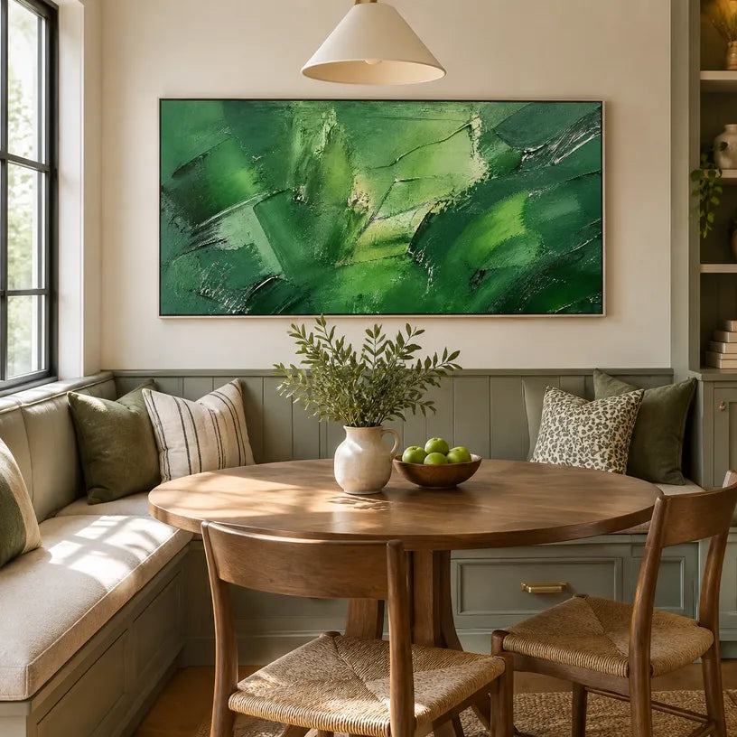 Abstract Expressionist abstract oil painting showing layered abstract marks, texture and expressive painterly movement in a green palette.