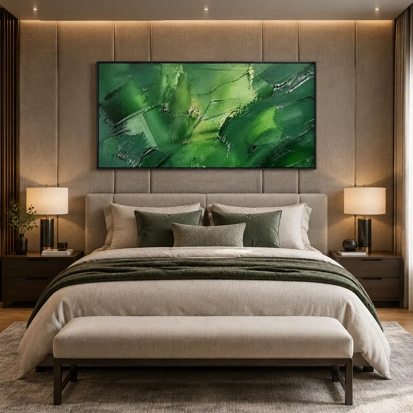 Abstract Expressionist abstract oil painting showing layered abstract marks, texture and expressive painterly movement in a green palette.