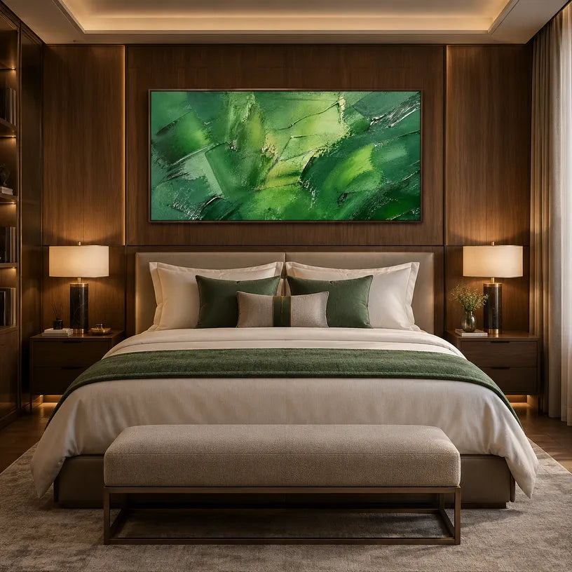 Abstract Expressionist abstract oil painting showing layered abstract marks, texture and expressive painterly movement in a green palette.