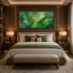 Abstract Expressionist abstract oil painting showing layered abstract marks, texture and expressive painterly movement in a green palette.