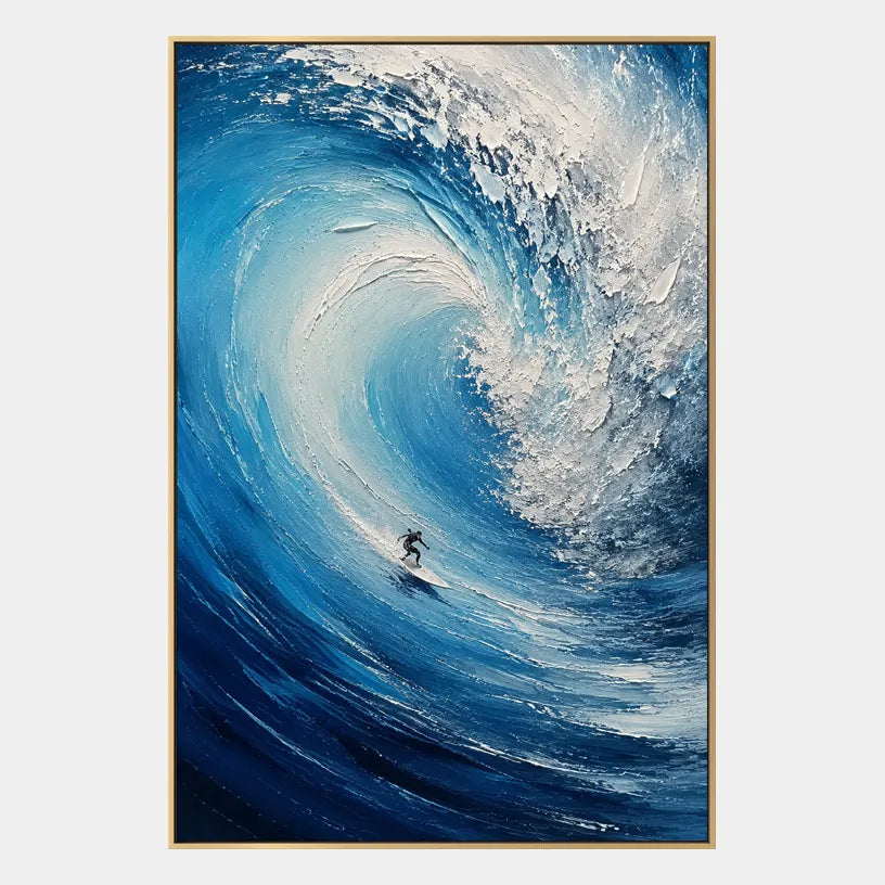 Abstract Expressionist landscapes & seascapes & cityscapes oil painting showing a curling blue wave carrying a surfer in a blue palette, contemporary wall art.