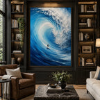 Abstract Expressionist landscapes & seascapes & cityscapes oil painting showing a curling blue wave carrying a surfer in a blue palette, contemporary wall art.