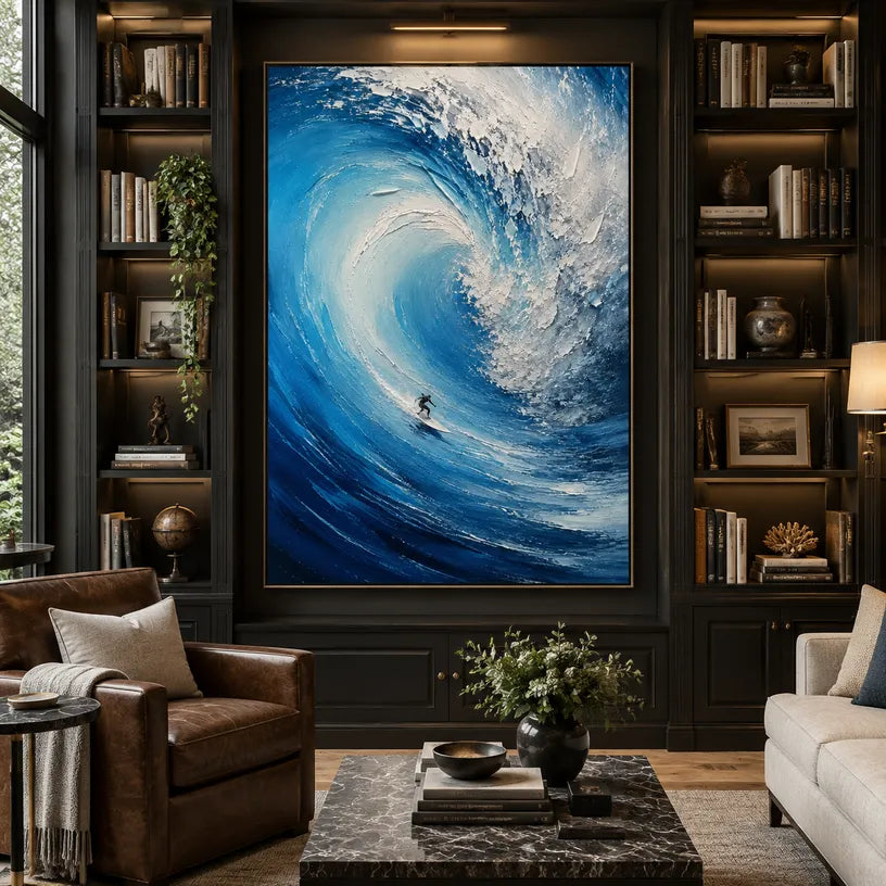 Abstract Expressionist landscapes & seascapes & cityscapes oil painting showing a curling blue wave carrying a surfer in a blue palette, contemporary wall art.