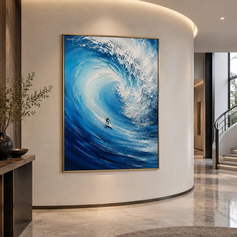 Abstract Expressionist landscapes & seascapes & cityscapes oil painting showing a curling blue wave carrying a surfer in a blue palette, contemporary wall art.