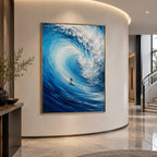 Abstract Expressionist landscapes & seascapes & cityscapes oil painting showing a curling blue wave carrying a surfer in a blue palette, contemporary wall art.