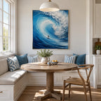 Abstract Expressionist landscapes & seascapes & cityscapes oil painting showing a curling blue wave carrying a surfer in a blue palette, contemporary wall art.