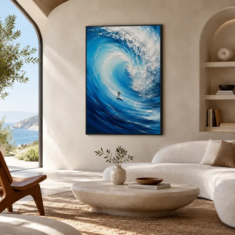 Abstract Expressionist landscapes & seascapes & cityscapes oil painting showing a curling blue wave carrying a surfer in a blue palette, contemporary wall art.