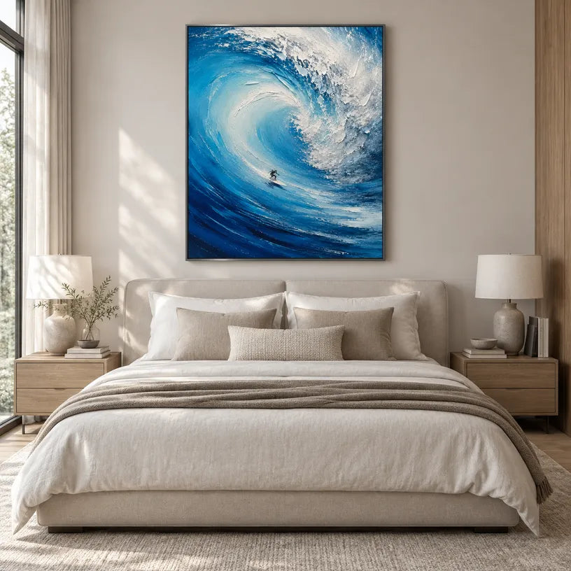 Abstract Expressionist landscapes & seascapes & cityscapes oil painting showing a curling blue wave carrying a surfer in a blue palette, contemporary wall art.