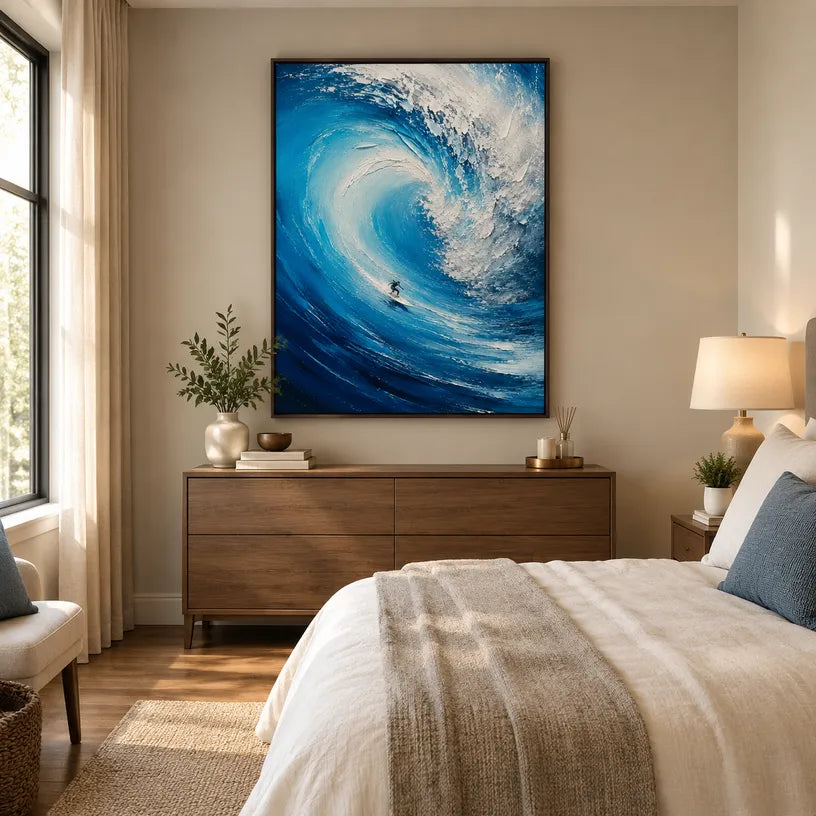 Abstract Expressionist landscapes & seascapes & cityscapes oil painting showing a curling blue wave carrying a surfer in a blue palette, contemporary wall art.