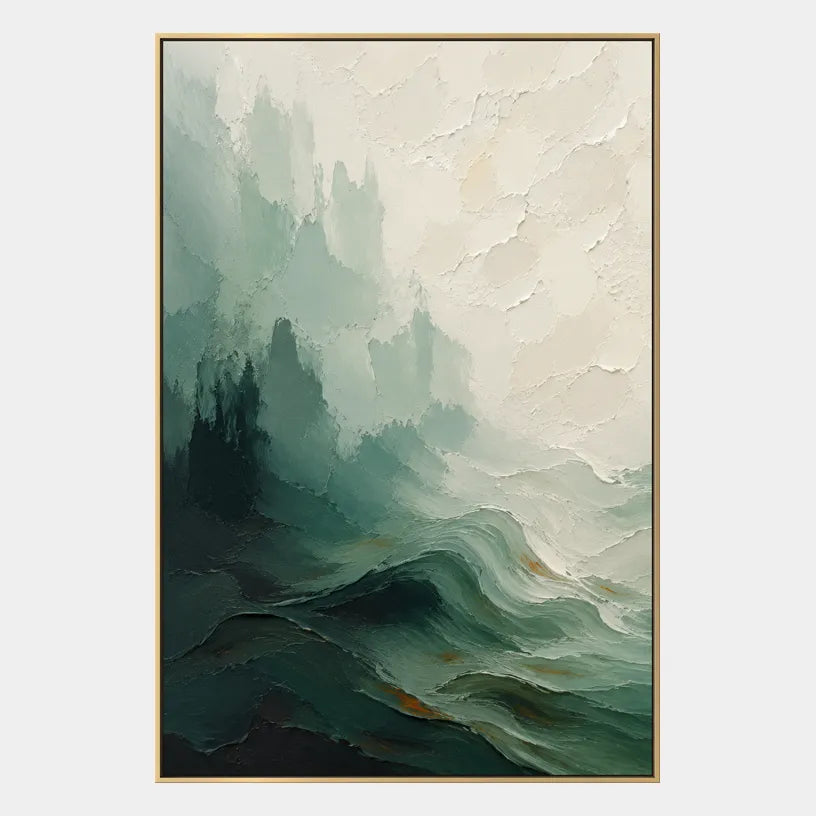 Abstract Expressionist landscapes & seascapes & cityscapes oil painting showing a painterly landscape with distant hills, trees or reflective water in a green palette.