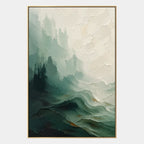 Abstract Expressionist landscapes & seascapes & cityscapes oil painting showing a painterly landscape with distant hills, trees or reflective water in a green palette.