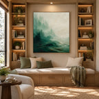 Abstract Expressionist landscapes & seascapes & cityscapes oil painting showing a painterly landscape with distant hills, trees or reflective water in a green palette.