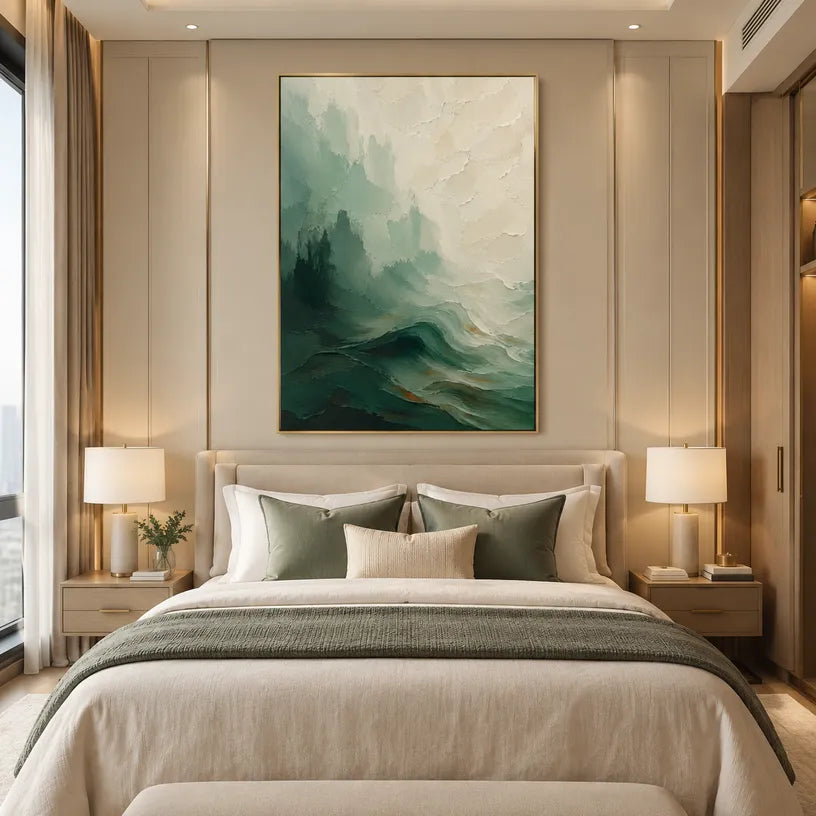 Abstract Expressionist landscapes & seascapes & cityscapes oil painting showing a painterly landscape with distant hills, trees or reflective water in a green palette.
