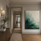 Abstract Expressionist landscapes & seascapes & cityscapes oil painting showing a painterly landscape with distant hills, trees or reflective water in a green palette.