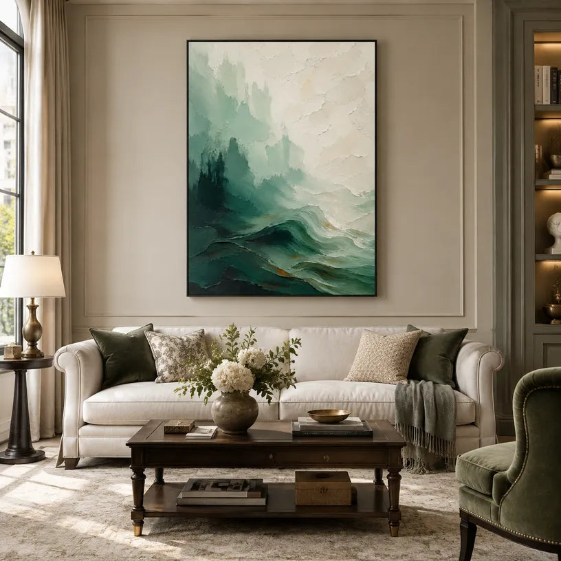 Abstract Expressionist landscapes & seascapes & cityscapes oil painting showing a painterly landscape with distant hills, trees or reflective water in a green palette.