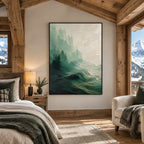 Abstract Expressionist landscapes & seascapes & cityscapes oil painting showing a painterly landscape with distant hills, trees or reflective water in a green palette.