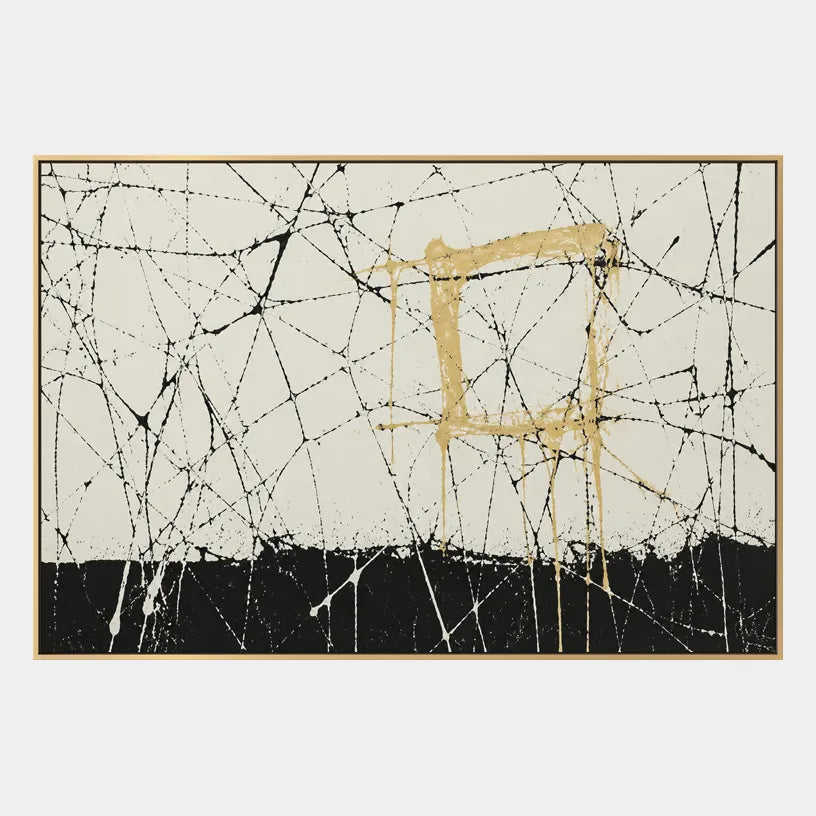 Abstract Expressionist abstract oil painting showing pale ground with black lines and gold blocks in a black and white palette, contemporary wall art.